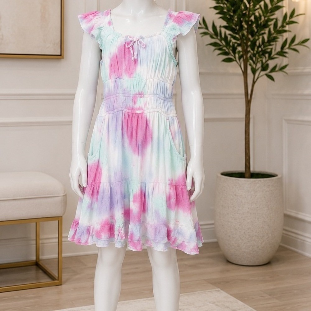Justice Girls Tie Dye Effect Tiered Ruffle Pocket Dress Multi Size Small 7/8